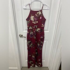 Burgundy Metallic Floral Dress with Slit